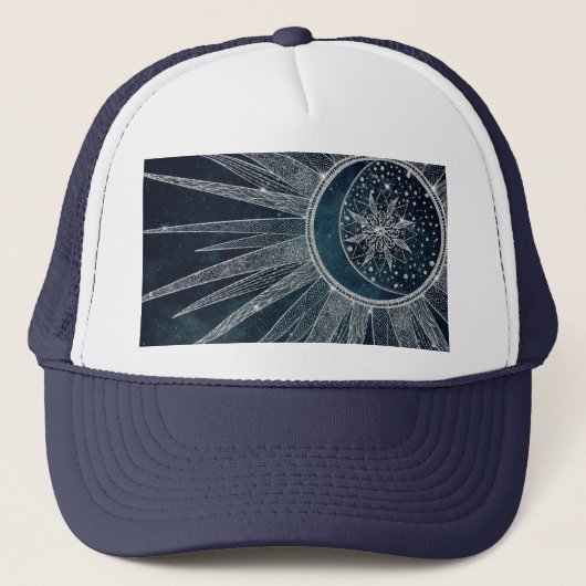 Elegantes Silver Sun Moon Doodle Mandala Blue Desi Truckerkappe (Vorderseite)