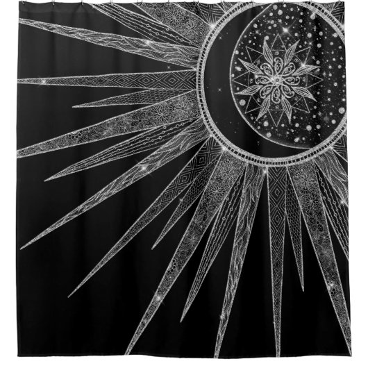 Elegantes Silver Sun Moon Mandala Black Design Duschvorhang (Vorderseite)