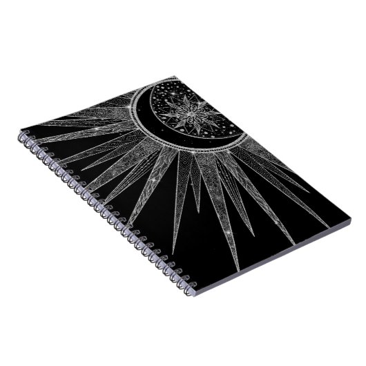 Elegantes Silver Sun Moon Mandala Black Design Notizblock (Rechte Seite)