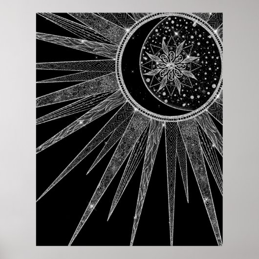 Elegantes Silver Sun Moon Mandala Black Design Poster (Vorne)