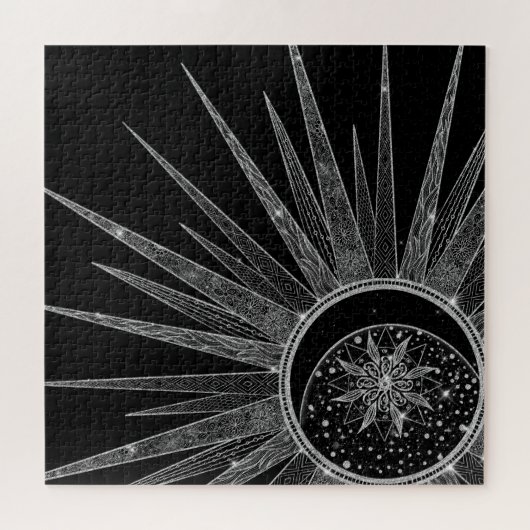 Elegantes Silver Sun Moon Mandala Black Design Puzzle (Horizontal)