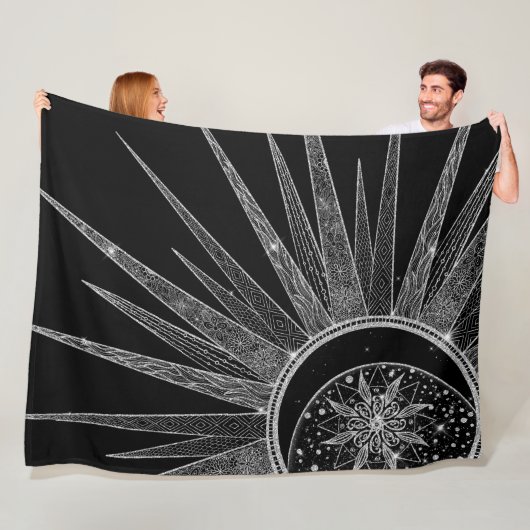 Elegantes Silver Sun Moon Mandala Schwarzes Design Fleecedecke (Beispiel)
