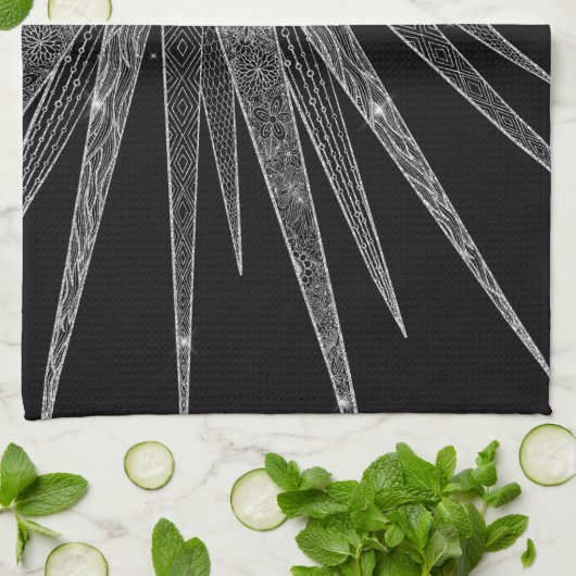 Elegantes Silver Sun Moon Mandala Schwarzes Design Geschirrtuch (Gefaltet)