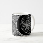 Elegantes Silver Sun Moon Mandala Schwarzes Design Kaffeetasse (VorderseiteRechts)