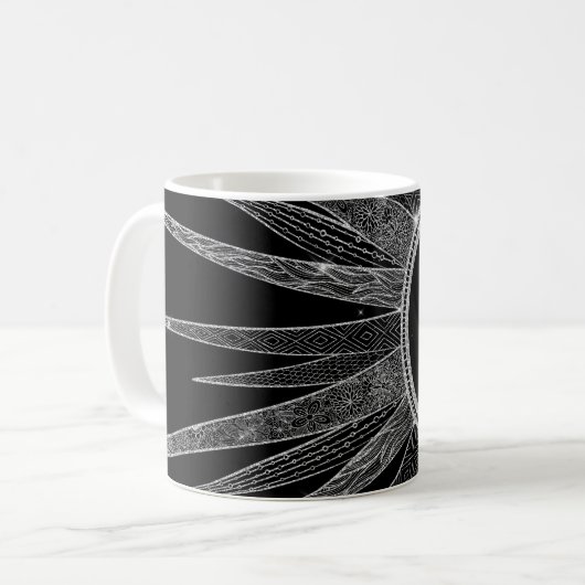 Elegantes Silver Sun Moon Mandala Schwarzes Design Kaffeetasse (Vorderseite Links)