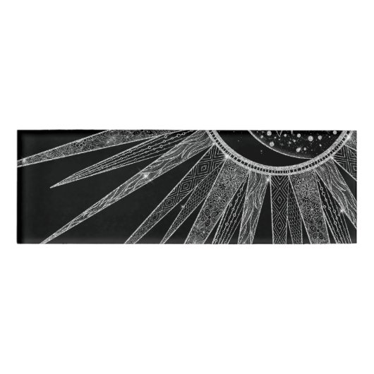 Elegantes Silver Sun Moon Mandala Schwarzes Design Namenschild (Vorderseite)