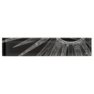 Elegantes Silver Sun Moon Mandala Schwarzes Design Namensplakette