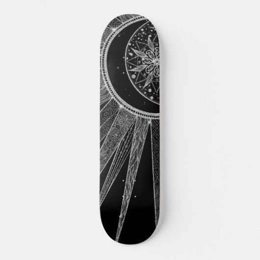 Elegantes Silver Sun Moon Mandala Schwarzes Design Skateboard (Vorderseite)