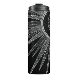 Elegantes Silver Sun Moon Mandala Schwarzes Design Thermosbecher