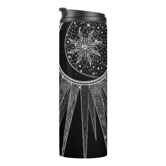 Elegantes Silver Sun Moon Mandala Schwarzes Design Thermosbecher (Nach rechts gedreht)