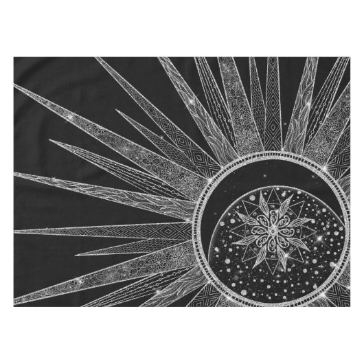 Elegantes Silver Sun Moon Mandala Schwarzes Design Tischdecke (Vorderseite (Horizontal))