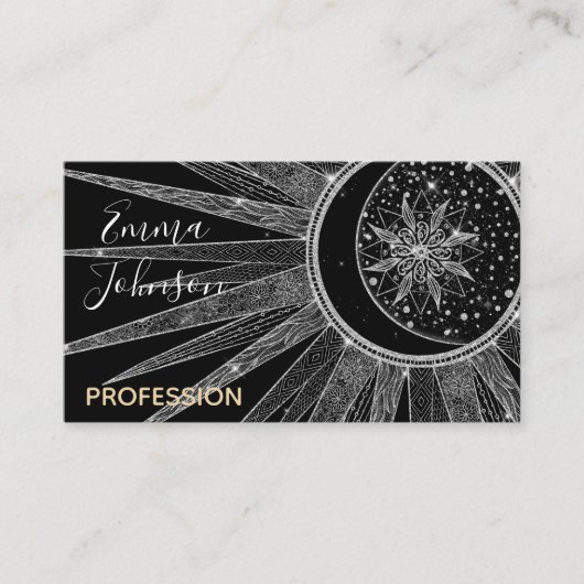 Elegantes Silver Sun Moon Mandala Schwarzes Design Visitenkarte (Vorderseite)