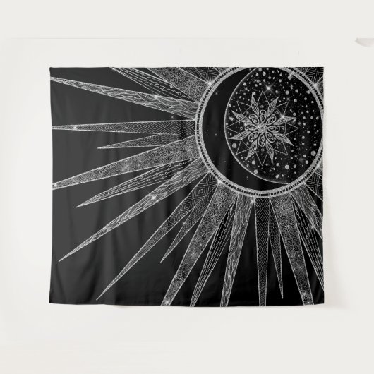 Elegantes Silver Sun Moon Mandala Schwarzes Design Wandteppich (Vorderseite (Horizontal))