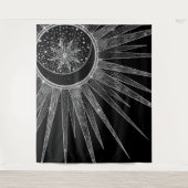 Elegantes Silver Sun Moon Mandala Schwarzes Design Wandteppich (Vorderseite)