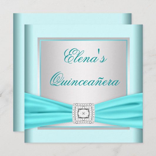 Elegantes Silver und Aquamarin Blue Quinceanera Einladung (Vorne/Hinten)