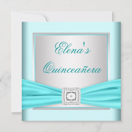 Elegantes Silver und Aquamarin Blue Quinceanera Einladung (Vorderseite)