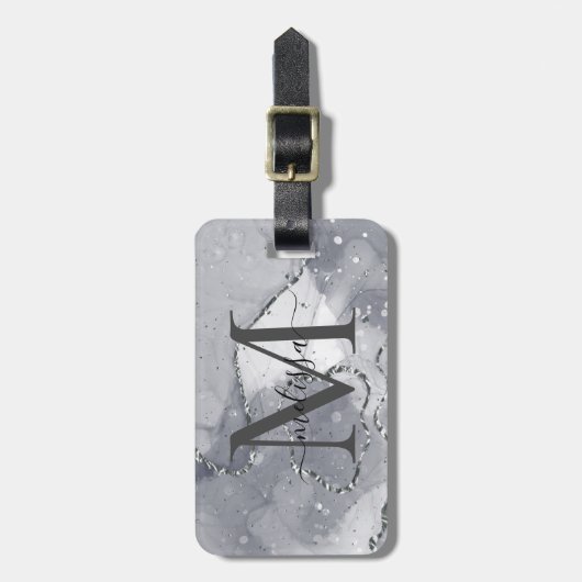 Elegantes Silver und Schwarz Monogramat Gepäckanhänger (Vorderseite vertikal)