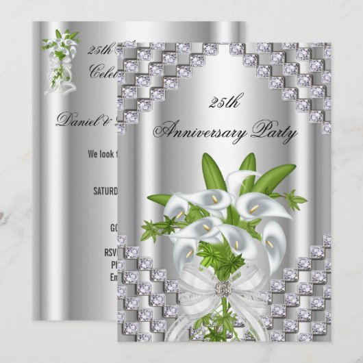 Elegantes Silver White Floral 25-jähriges Party Einladung (Vorne/Hinten)