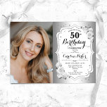 Elegantes Silver White Floral Foto 50. Geburtstag Einladung<br><div class="desc">Elegante florale feminine 50. Geburtstagseinladung mit Ihrem Foto. Glam-Design mit Imitaten Silber. Enthält weiße Rosen,  Skript-Schriftart und Konfetti. Ideal für ein stilvolles Party für Erwachsene. Personalisieren Sie Ihre persönlichen Daten. Kann für jedes Alter angepasst werden! Gedruckte Zazzle Einladungen oder Sofortdownload digitalen druckbaren Vorlage.</div>