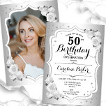 Elegantes Silver White Foto 50. Geburtstag Einladung<br><div class="desc">Elegante florale feminine 50. Geburtstagseinladung mit Ihrem Foto auf der Kartenrückseite. Glam-Design mit Imitaten Silber. Enthält weiße Rosen,  Skript-Schriftart und Konfetti. Ideal für ein stilvolles Party für Erwachsene. Personalisieren Sie Ihre persönlichen Daten. Kann für jedes Alter angepasst werden! Gedruckte Zazzle Einladungen oder Sofortdownload digitalen druckbaren Vorlage.</div>