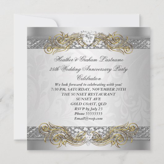 Elegantes Silver White Gold Party zum 25. Jubiläum Einladung (Rückseite)