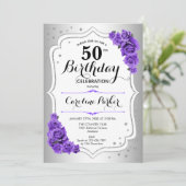 Elegantes Silver White Lila Foto 50. Geburtstag Einladung (Stehend Vorderseite)