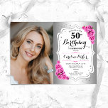 Elegantes Silver White PinkRoses Foto 50. Geburtst Einladung<br><div class="desc">Elegante florale feminine 50. Geburtstagseinladung mit Ihrem Foto. Glam-Design mit Imitaten Silber. Enthält rosa Rosen,  Skript-Schriftart und Konfetti. Ideal für ein stilvolles Party für Erwachsene. Personalisieren Sie Ihre persönlichen Daten. Kann für jedes Alter angepasst werden! Gedruckte Zazzle Einladungen oder Sofortdownload digitalen druckbaren Vorlage.</div>