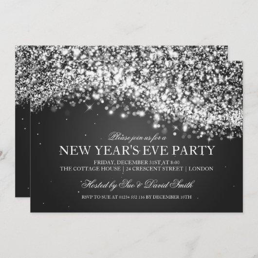 Elegantes Silvester Party Sparkling Wave Black Einladung (Vorne/Hinten)