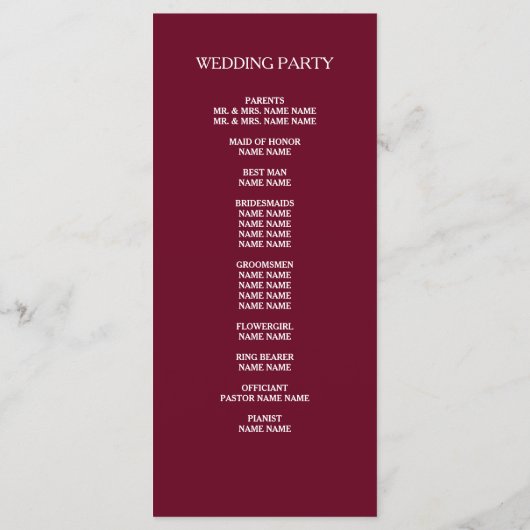 Elegantes Simple Burgundy Red Custom Wedding Progr Programm (Rückseite)