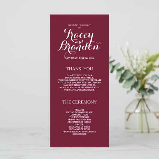 Elegantes Simple Burgundy Red Custom Wedding Progr Programm (Stehend Vorderseite)
