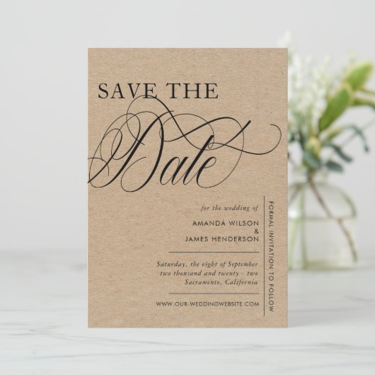 Elegantes Simple Kraft Texture Foto Hochzeit Save The Date (Stehend Vorderseite)