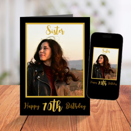 Elegantes Sister 70. Geburtstag Black Gold Foto Karte
