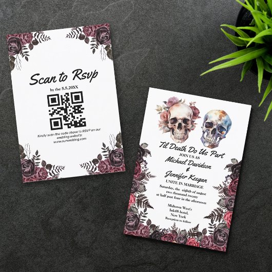 Elegantes Skelett Blumen zwischen Hochzeit qr Code Einladung