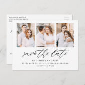 Elegantes Skript 3 FotoCollage Save the Date Ankündigungspostkarte (Vorne/Hinten)