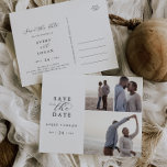 Elegantes Skript 3 FotoCollage Save the Date Einladungspostkarte<br><div class="desc">Dieses elegante Drehbuch 3 Foto Collage Save the Date Postcard ist perfekt für eine einfache Hochzeit. Das minimalistische Schwarz-Weiß-Design besticht durch extravagante romantische Typografie mit modernem Glam-Stil. Anpassbar in jeder Farbe. Behalt das Design minimal und elegant,  wie es ist,  oder personalisiere es durch Hinzufügen von eigenen Grafiken und Kunstwerken.</div>