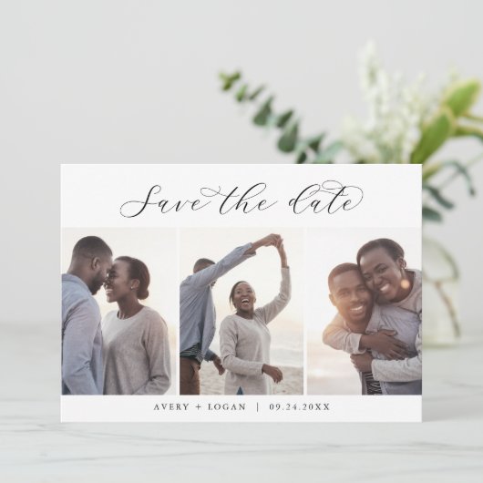 Elegantes Skript 3 Fotovorlage Save the Date (Stehend Vorderseite)