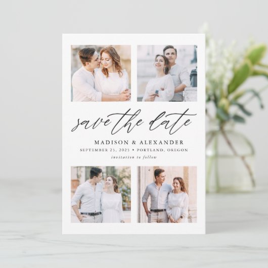 Elegantes Skript 4 FotoCollage Save The Date (Stehend Vorderseite)