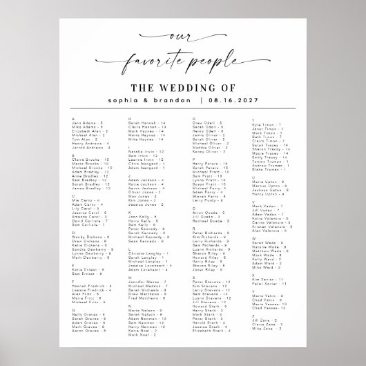 Elegantes Skript Alphabetisches Hochzeitsstift Poster (Vorne)