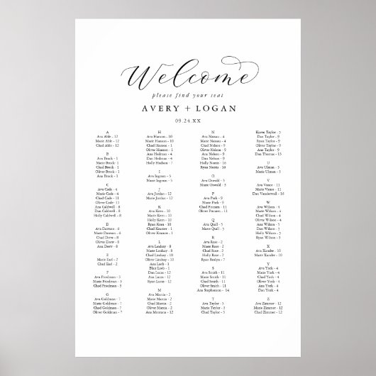 Elegantes Skript Alphabetisches Seating Chart Poster (Vorne)