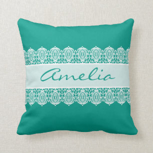 Elegantes Skript - aquamarines Spitze-Monogramm Kissen
