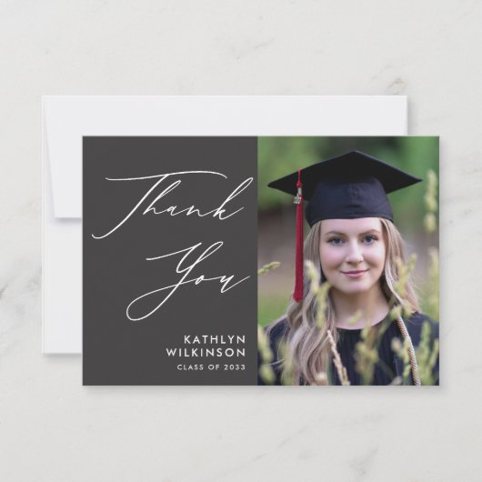 Elegantes Skript auf dem Abschluss "Gray Minimalis Dankeskarte (Vorderseite)