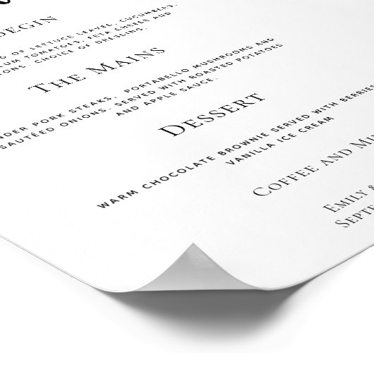 Elegantes Skript beliebiges Farbhochzeitsmenü Poster (Ecke)