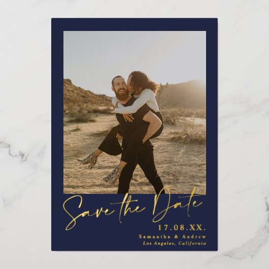 Elegantes Skript blau 2 Fotos Save the Date Folieneinladung (Vorderseite)