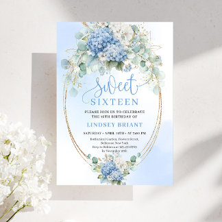 Elegantes Skript Blaue Hortensie Gold Sweet Sixtee Einladung