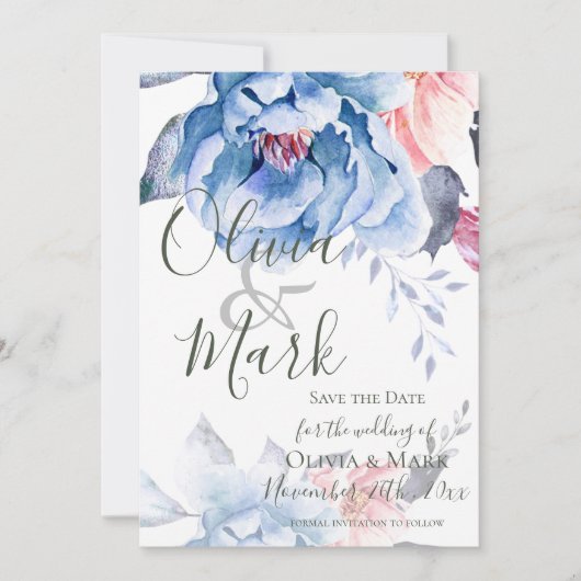Elegantes Skript | Blauer Wasserfarben | Hochzeit Save The Date (Vorderseite)