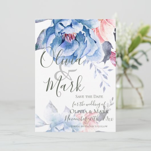 Elegantes Skript | Blauer Wasserfarben | Hochzeit Save The Date (Stehend Vorderseite)
