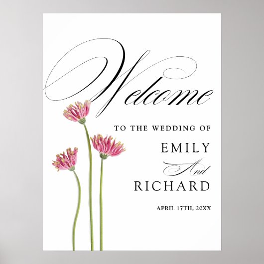 Elegantes Skript-Blumen-Hochzeits-Willkommensschil Poster (Vorne)