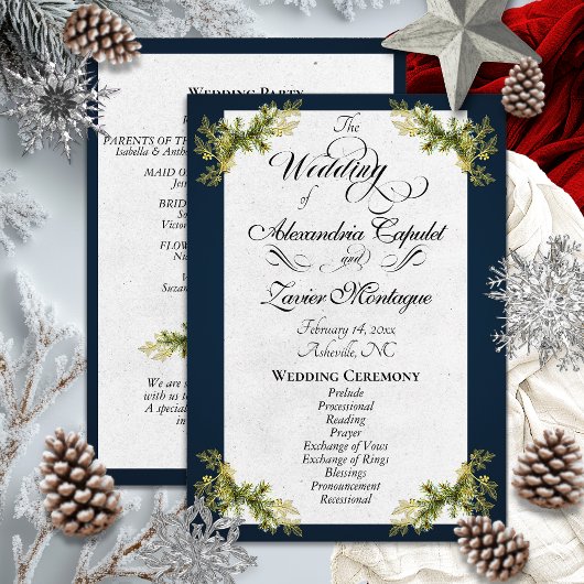 Elegantes Skript & Botanisch - Blaue Hochzeit Programm