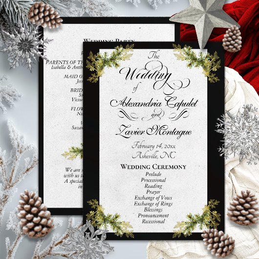 Elegantes Skript & Botanisch - Schwarze Hochzeit Programm