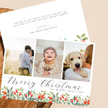 Elegantes Skript Botanische Weihnachtsfoto Collage Feiertagskarte<br><div class="desc">Diese Weihnachtskarte mit mehreren Fotos ist eine ideale Wahl für diese Weihnachtszeit! Es enthält eine Foto-Collage von drei beliebten Fotos der Familie oben. Unterhalb sind Ihre Weihnachtsgrüße in einem modernen, skurrilen eleganten Drehbuch. Unten ist Ihr Familienname und Jahr in einer einfachen Typografie. Die Karte ist unten gerahmt von der schönen...</div>